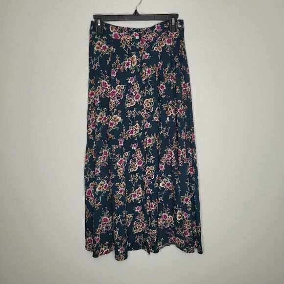 Vintage 90s dark green moody floral button front maxi cute skirt size 10 - Picture 1 of 7